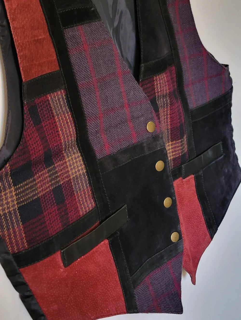 Vintage David American Fashion 90's Patchwork Vest Mixed Media Plaid Suede Sz L
